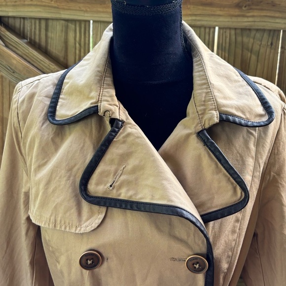 Tommy Hilfiger Tan Double Breasted Cotton Trench Coat with Faux Leather Trim L - Picture 3 of 14